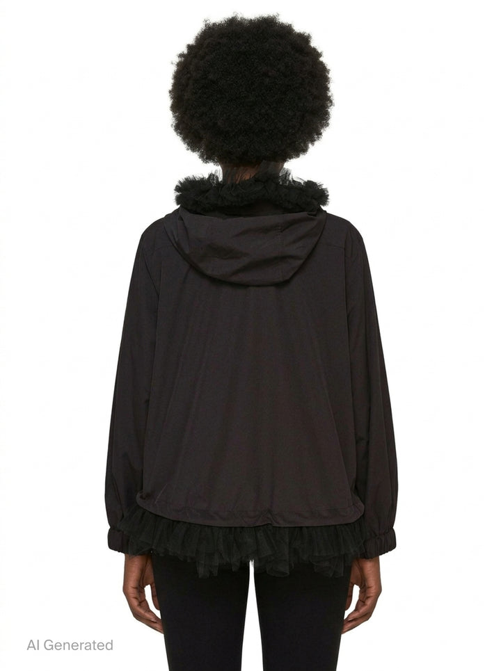Noir Kei Ninomiya black long-sleeve hooded blouson with ruffled black tulle trim at the hood, cuffs, and hem, full-length zip closure and slanted side pockets - back