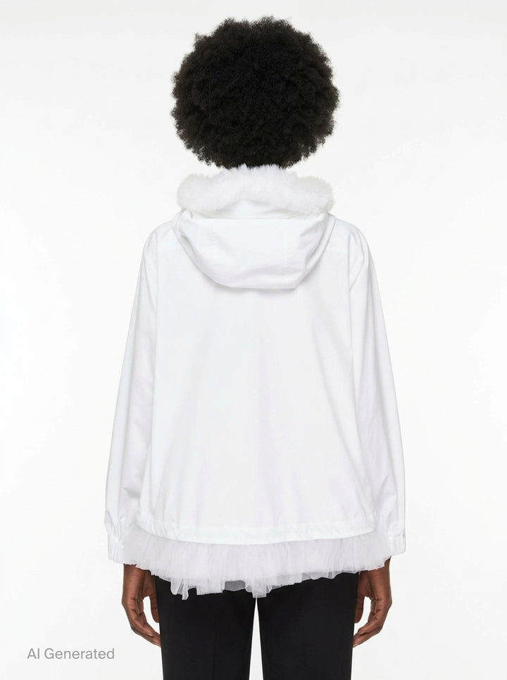 Noir Kei Ninomiya black long-sleeve hooded blouson with ruffled black tulle trim at the hood, cuffs, and hem, full-length zip closure and slanted side pockets - back