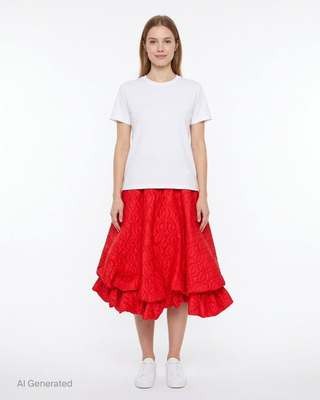 Noir Kei Ninomiya red quilted flare skirt with elasticated waist and voluminous double ruffle hem - front