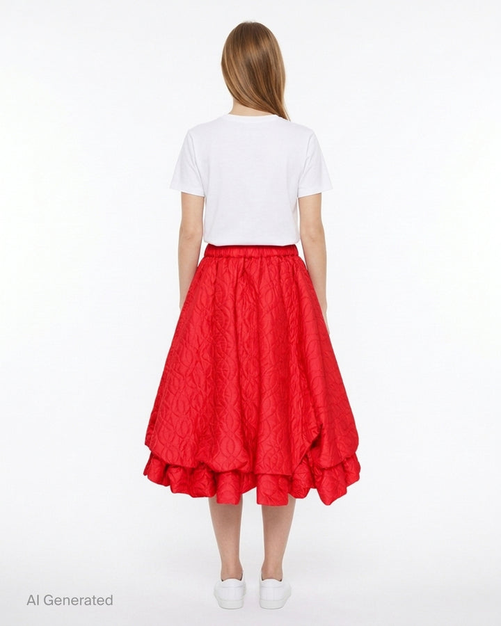 Noir Kei Ninomiya red quilted flare skirt with elasticated waist and voluminous double ruffle hem - back