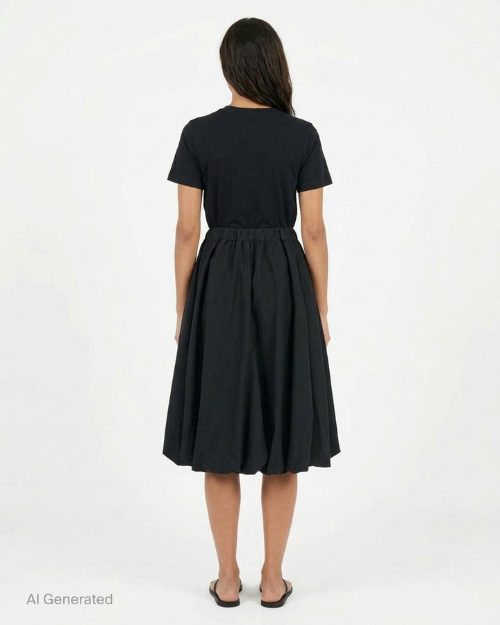 Noir Kei Ninomiya black wool doeskin midi skirt with an oversized sculptural bow, gathered elastic waist and bubble hem - back