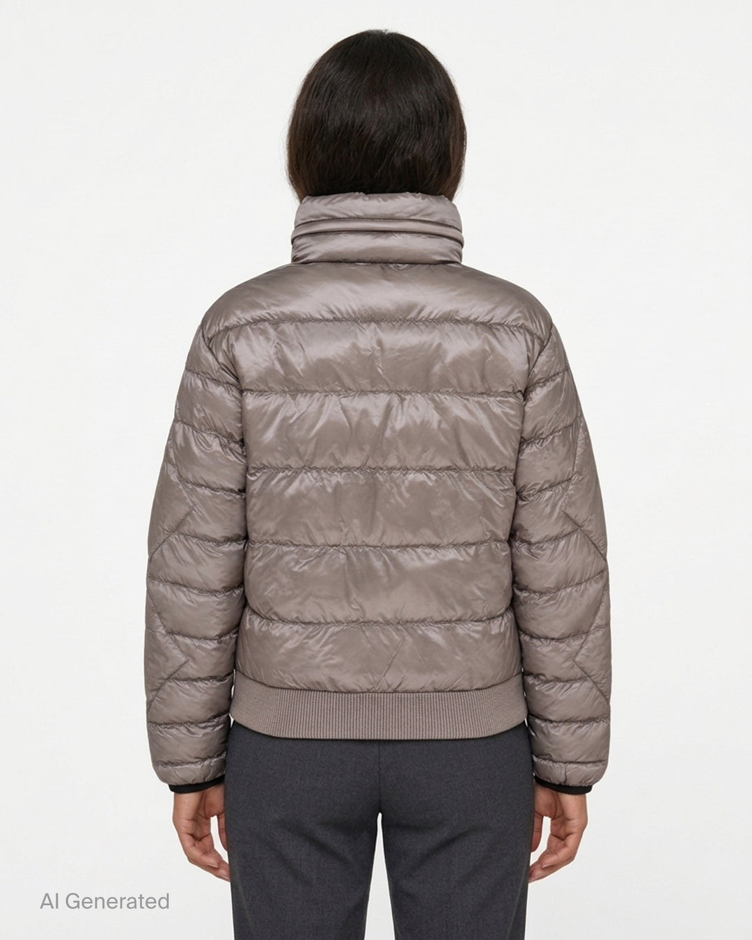 Open YY x Helinox Eclipse Light puffer jacket in metallic taupe with geometric quilting, asymmetric black double zip and padded stand collar - back