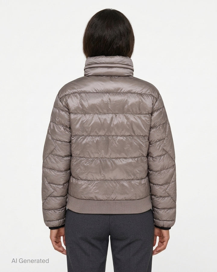 Open YY x Helinox Eclipse Light puffer jacket in metallic taupe with geometric quilting, asymmetric black double zip and padded stand collar - back