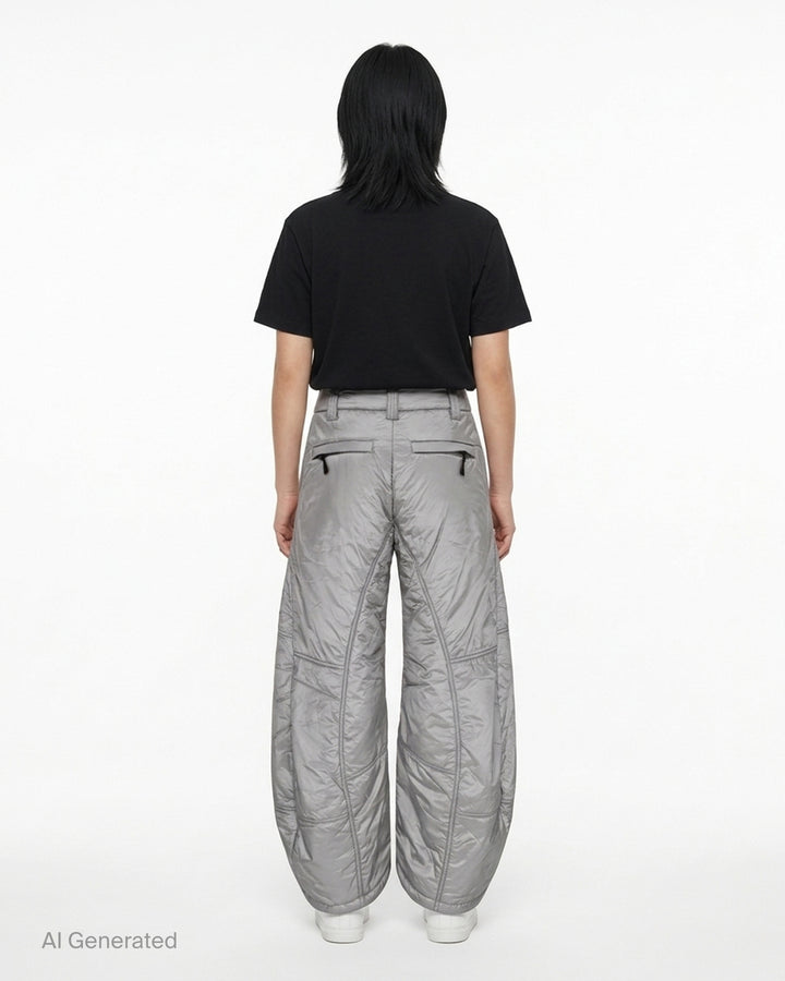 Open YY x Helinox grey padded pants with a quilted finish, barrel leg silhouette and zip pockets, shown from the front - back