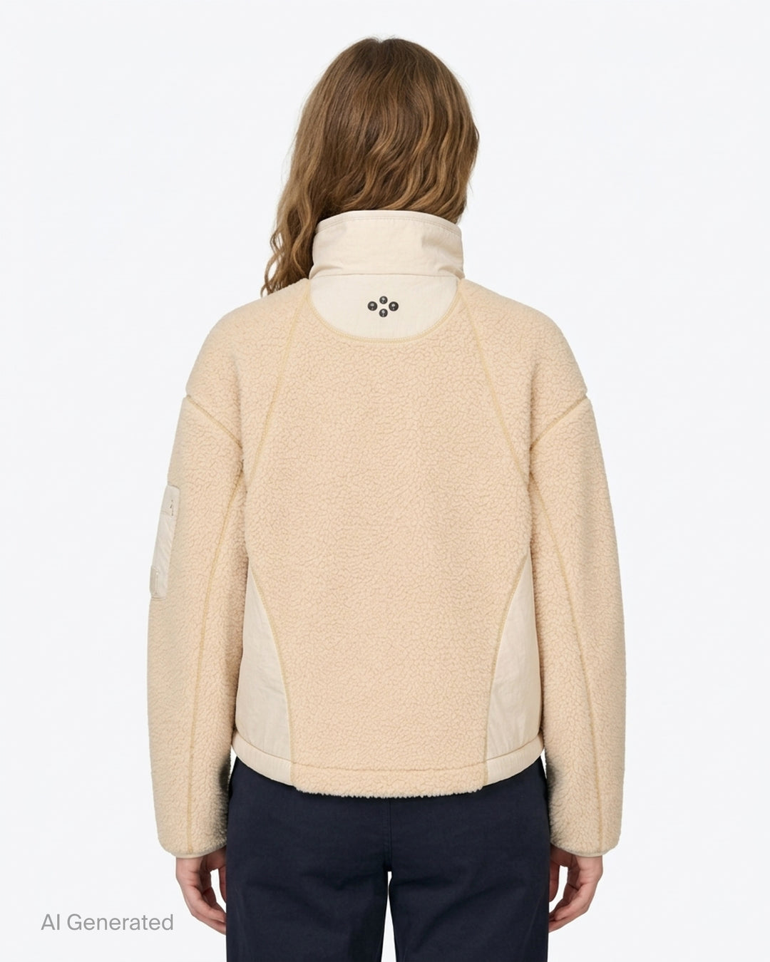 Open YY x Helinox cream sherpa fleece jacket with nylon side panels, stand collar, two-way zip and sleeve utility pocket - back