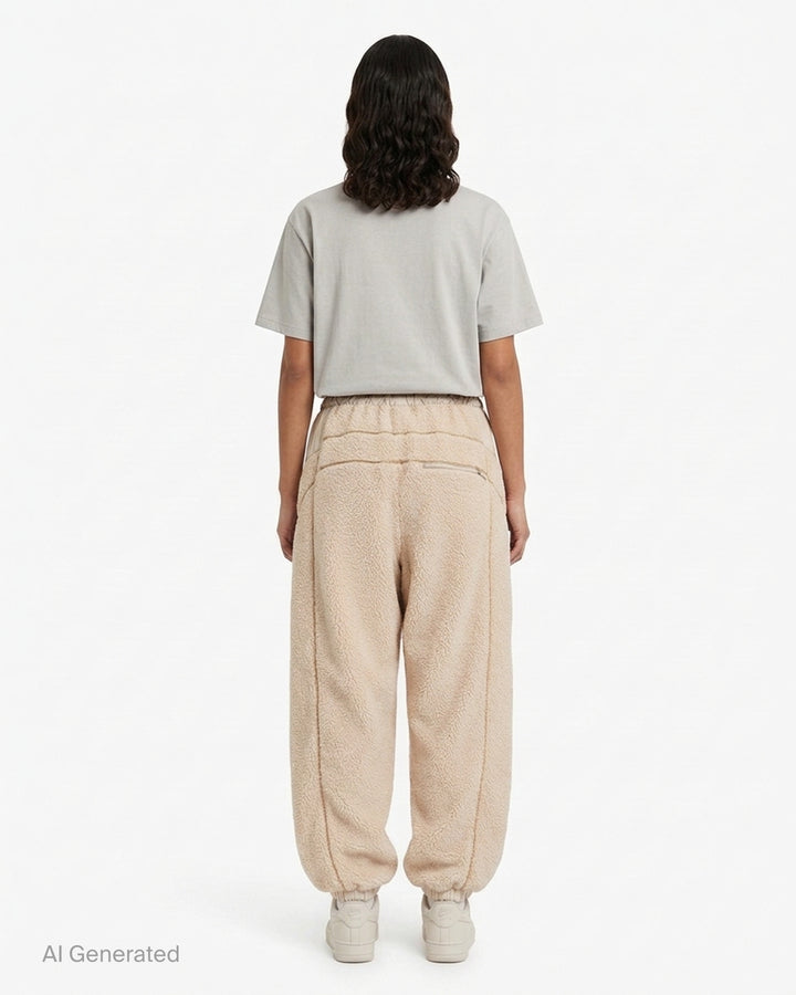 Open YY x Helinox dark brown sherpa fleece pants with black nylon side panels, drawstring waist and stud details - back