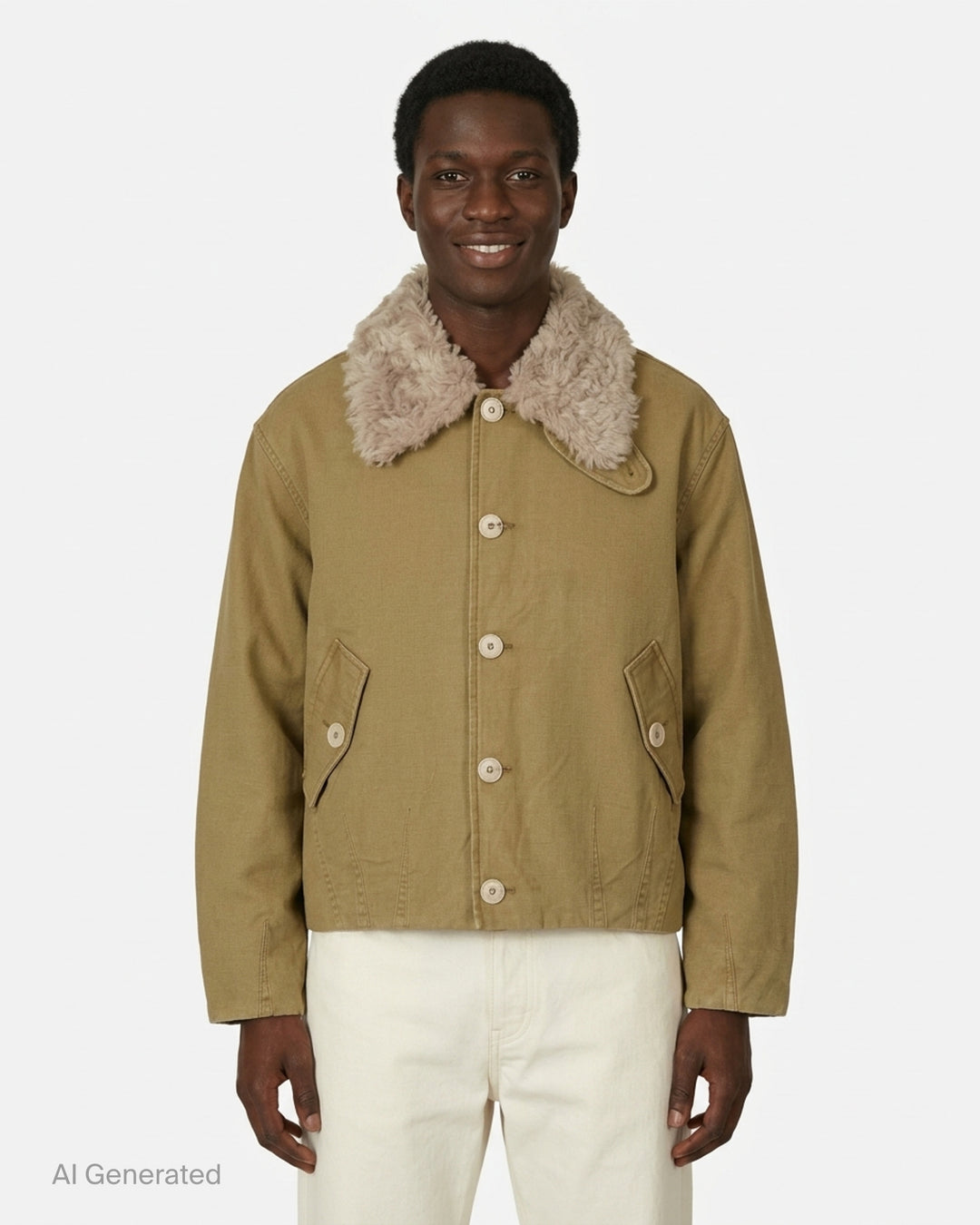 Our Legacy Aerial blouson jacket in olive-khaki cotton with a detachable plush collar, button front and flap pockets - front