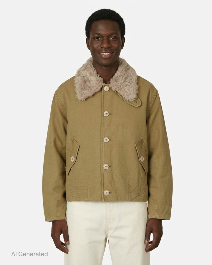 Our Legacy Aerial blouson jacket in olive-khaki cotton with a detachable plush collar, button front and flap pockets - front