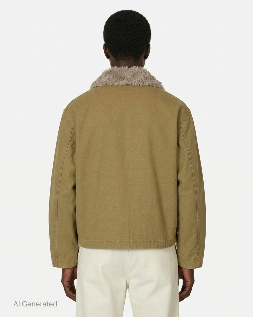 Our Legacy Aerial blouson jacket in olive-khaki cotton with a detachable plush collar, button front and flap pockets - back