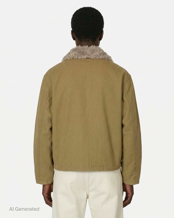 Our Legacy Aerial blouson jacket in olive-khaki cotton with a detachable plush collar, button front and flap pockets - back