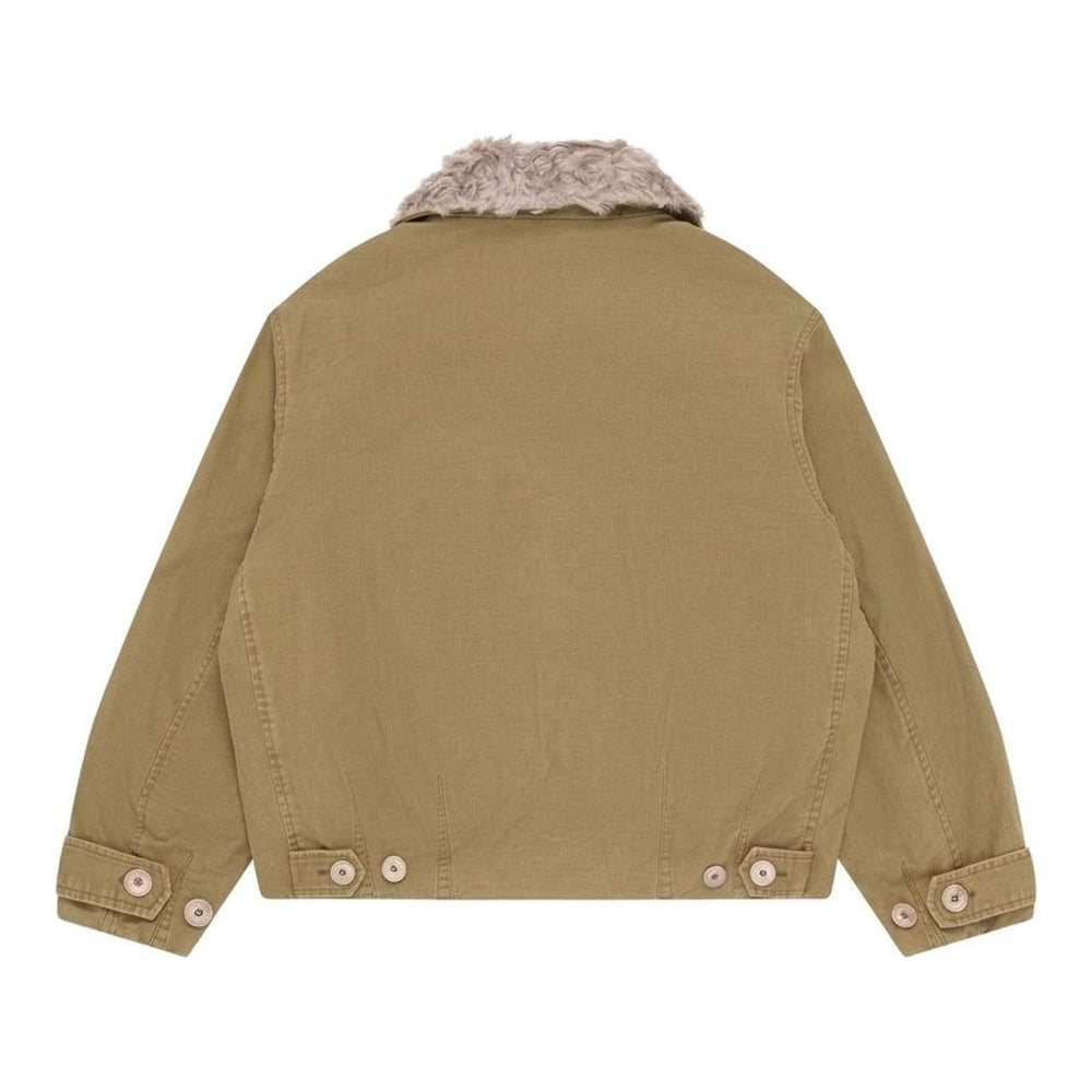 Our Legacy Aerial blouson jacket in olive-khaki cotton with a detachable plush collar, button front and flap pockets - packshot