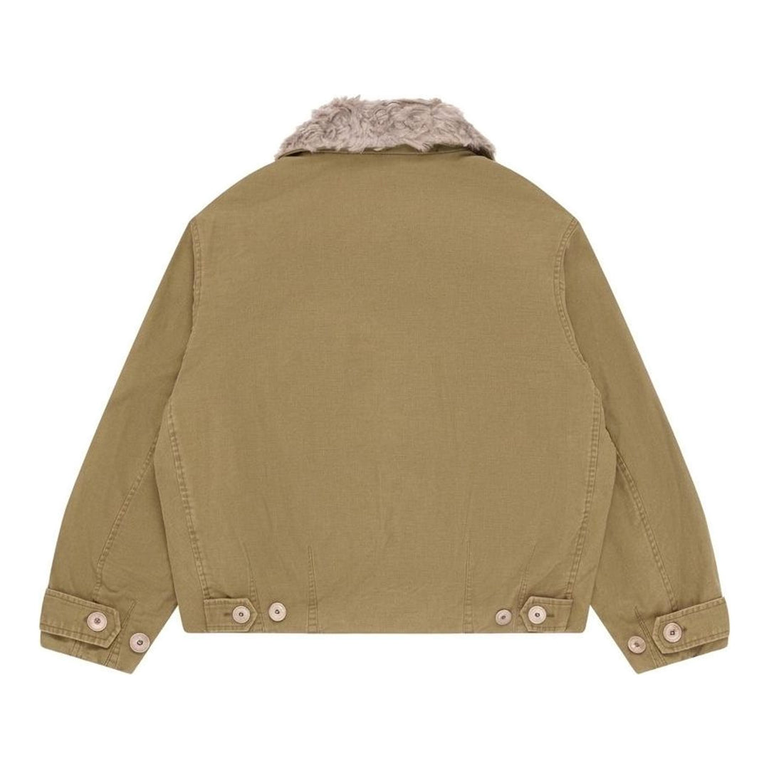 Our Legacy Aerial blouson jacket in olive-khaki cotton with a detachable plush collar, button front and flap pockets - packshot