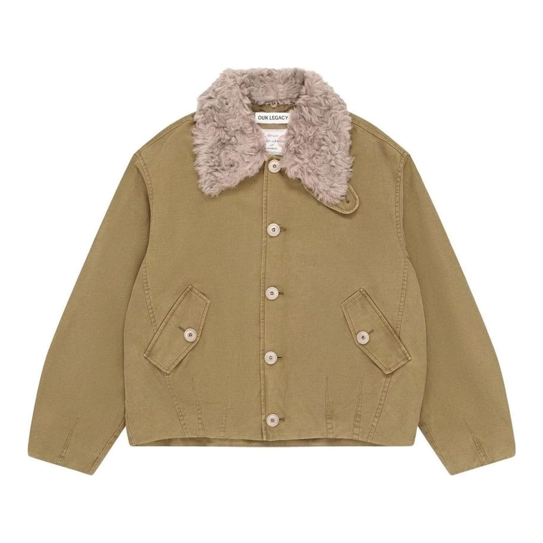 Our Legacy Aerial blouson jacket in olive-khaki cotton with a detachable plush collar, button front and flap pockets - packshot