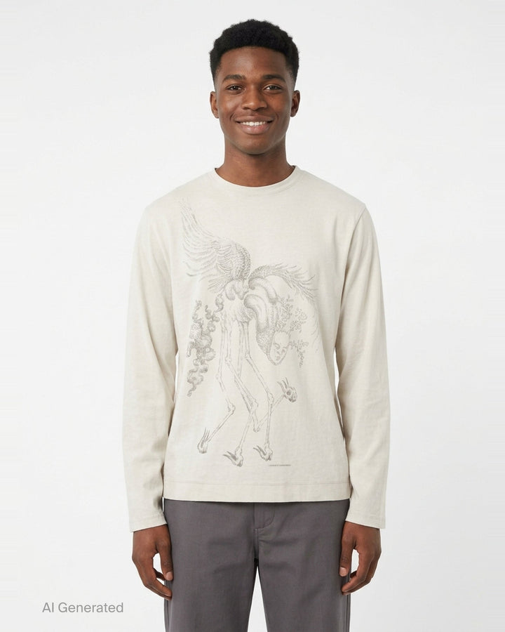 Our Legacy Box Long Sleeve Tee in ivory with a large stipple-illustrated skeletal winged horse graphic across the chest, relaxed box fit with crew neck - front
