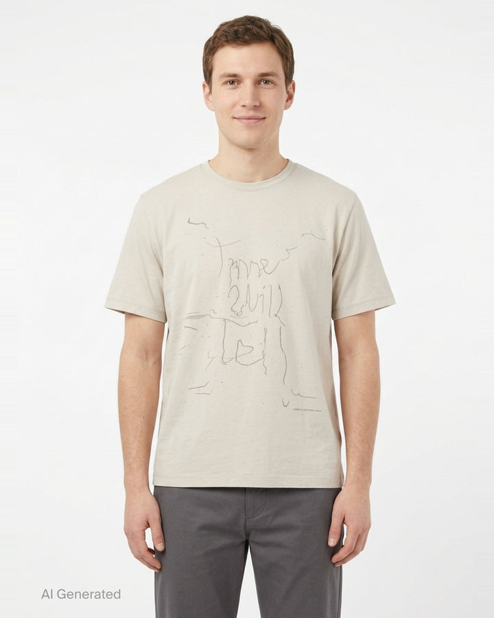 Our Legacy Box Short Sleeve Tee in stone with abstract hand-drawn scrawl graphic printed across the chest, boxy relaxed fit, crew neckline - front
