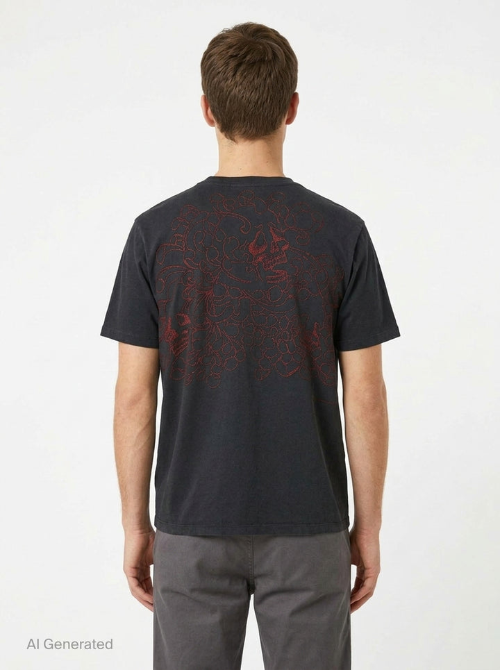 Our Legacy Box Short Sleeve Tee in washed navy with contrast red shoulder tape and woven brand label at the back neck, displayed front-facing on a white background - back