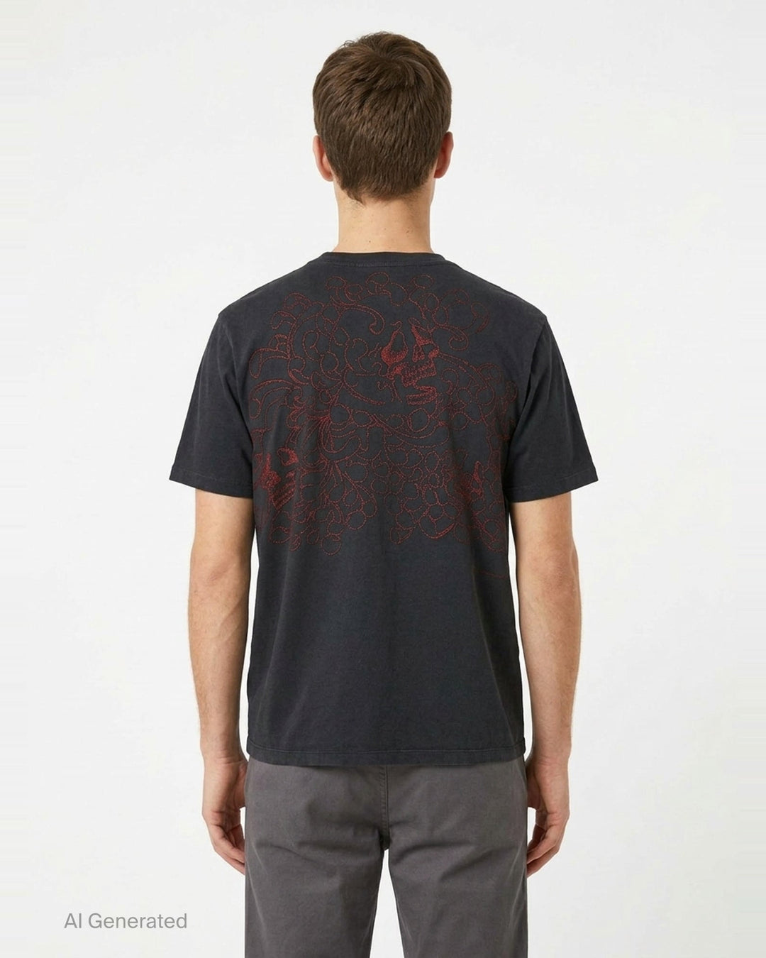 Our Legacy Box Short Sleeve Tee in washed navy with contrast red shoulder tape and woven brand label at the back neck, displayed front-facing on a white background - back