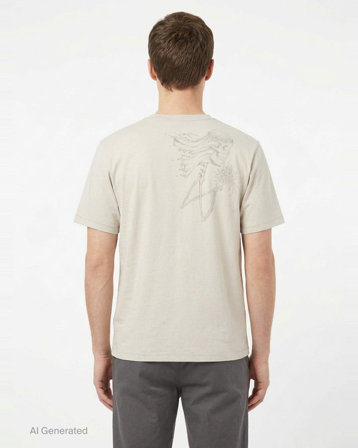 Our Legacy Box Short Sleeve Tee in stone with abstract hand-drawn scrawl graphic printed across the chest, boxy relaxed fit, crew neckline - back