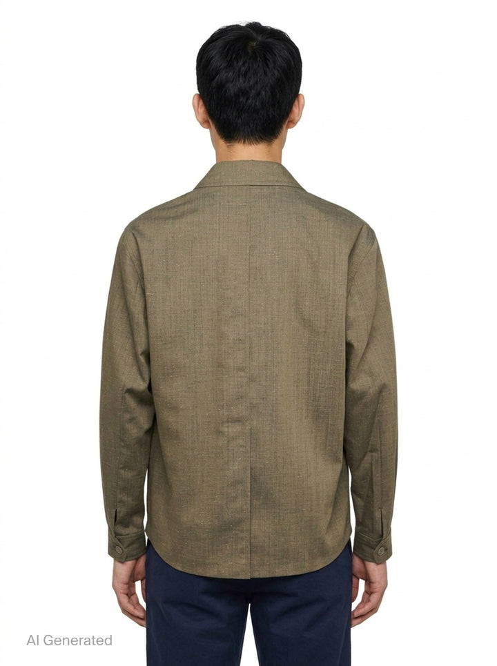 Our Legacy Pack Blazer in olive melange fabric with open camp collar, concealed front closure, and hip patch pocket — front view - back