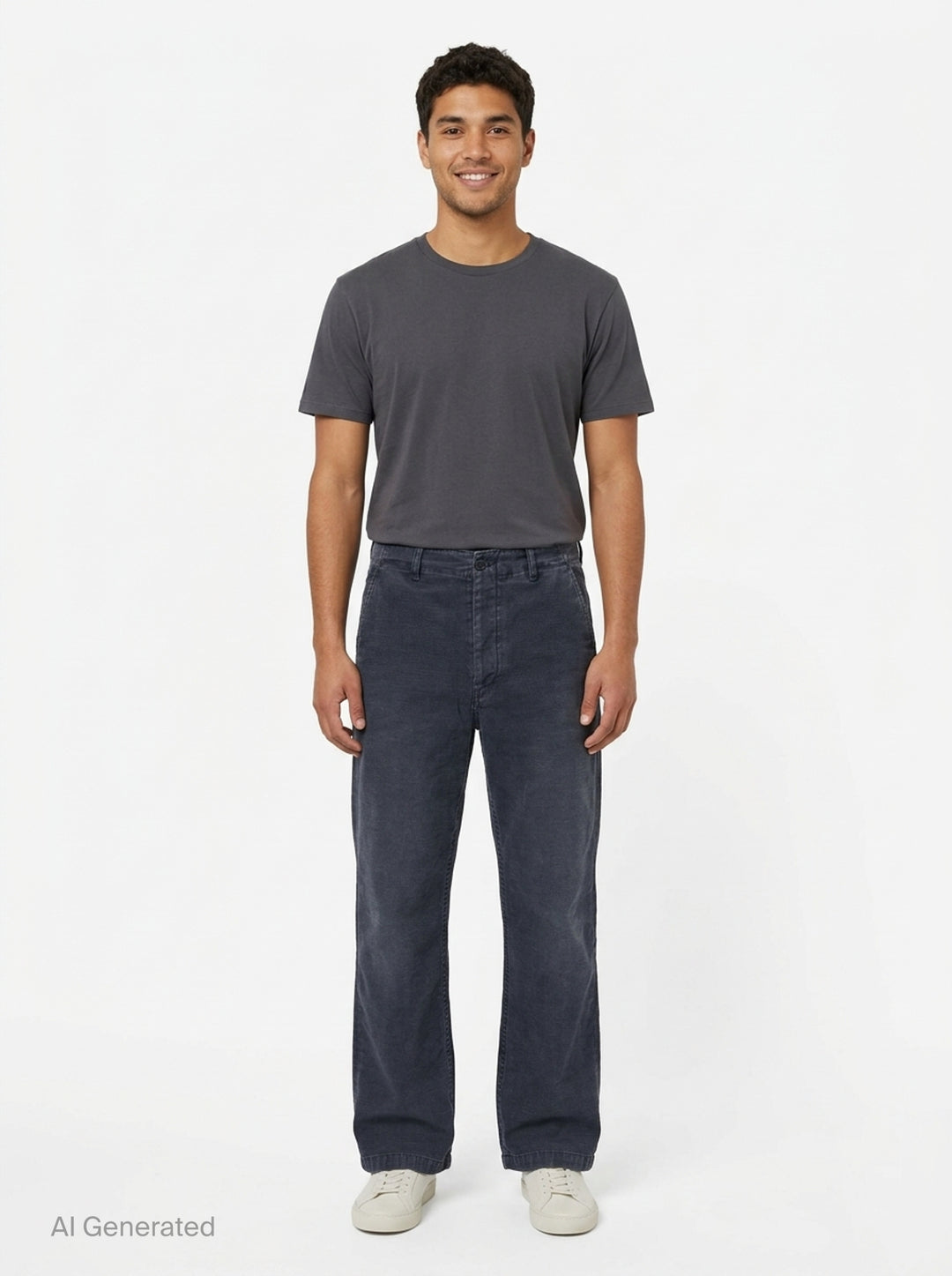 Our Legacy Rig Chino Pants in washed navy fine-wale corduroy, shown flat with a wide-leg silhouette and button fly closure - front