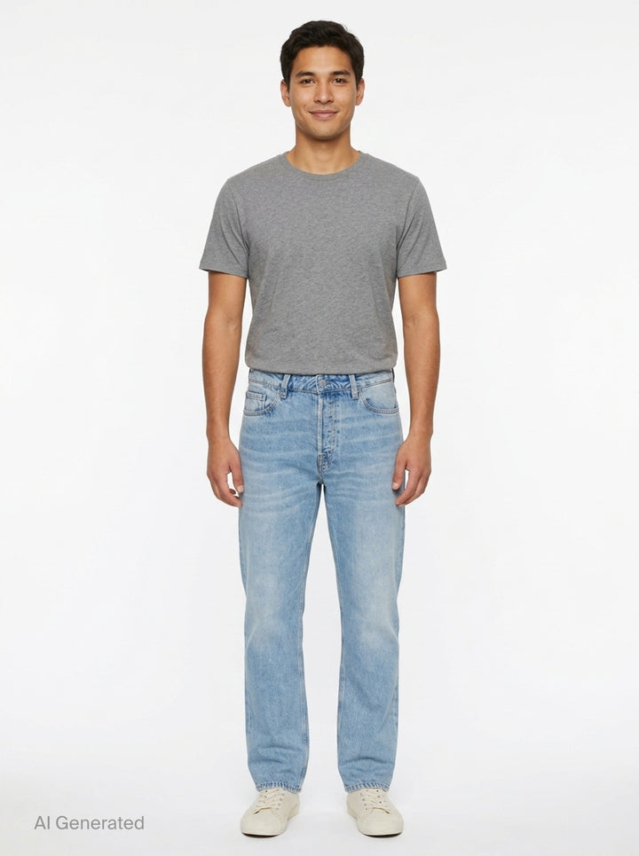 Our Legacy Slate Cut Jeans in light blue stonewash, relaxed straight-leg silhouette with five-pocket construction and vintage-style fading, front view on white background - front