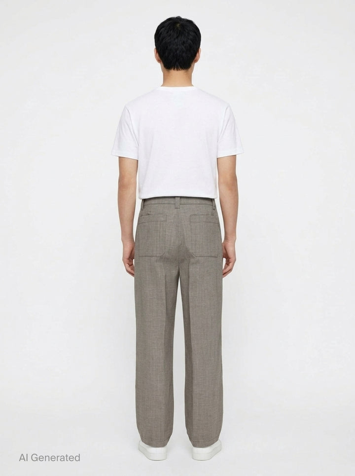 Our Legacy Still Chino Pants in heathered grey — wide-leg tailored trousers with double pleats and turn-up cuffs, front view on white background - back