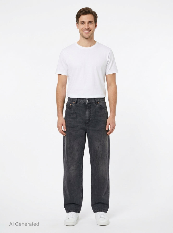 Our Legacy Vast Cut Jeans in washed black denim, featuring a wide-leg silhouette, high rise, copper rivets, and organic cloud-fade wash effect - front