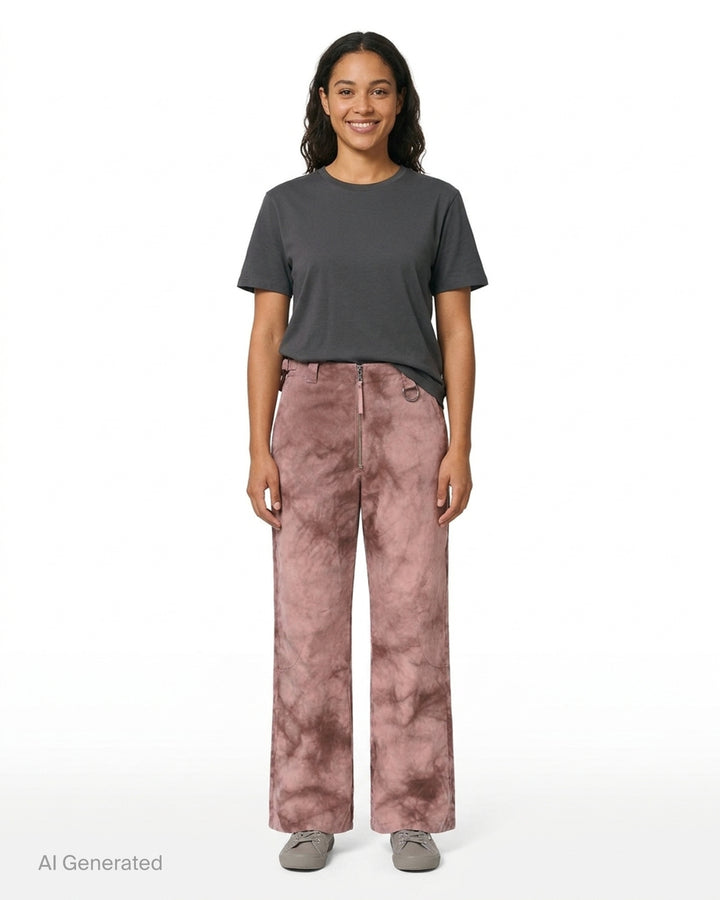Dusty rose and brown tie-dye wide-leg trousers with a zip front, waist buckle adjusters and curved knee panel seams - front