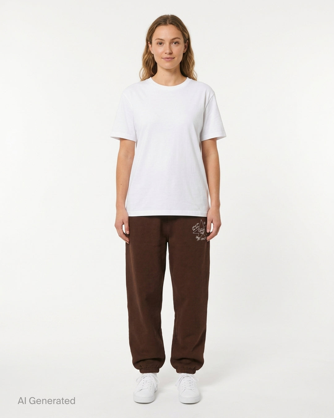Passion Target Practice brown joggers with elasticated waist and cuffs, featuring a cream hand-drawn star graphic and Shoot For The Stars script - front
