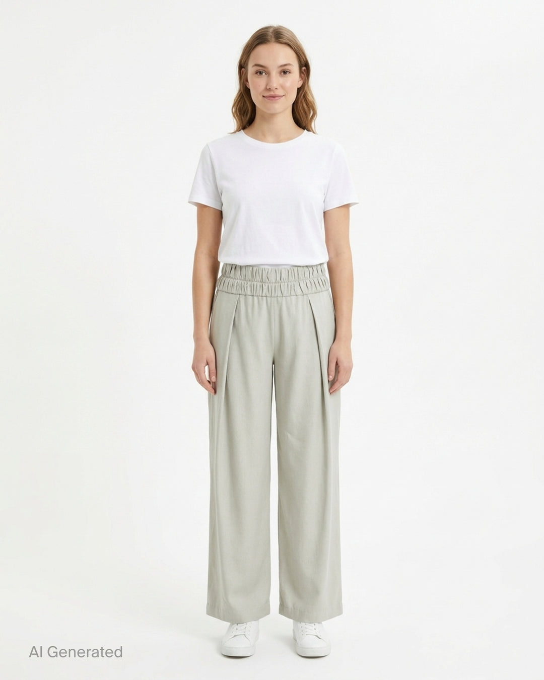 Pauline Dujancourt Georgina pleated wide-leg trousers in sage cupro with a double ruched high waistband, shown from the front - front