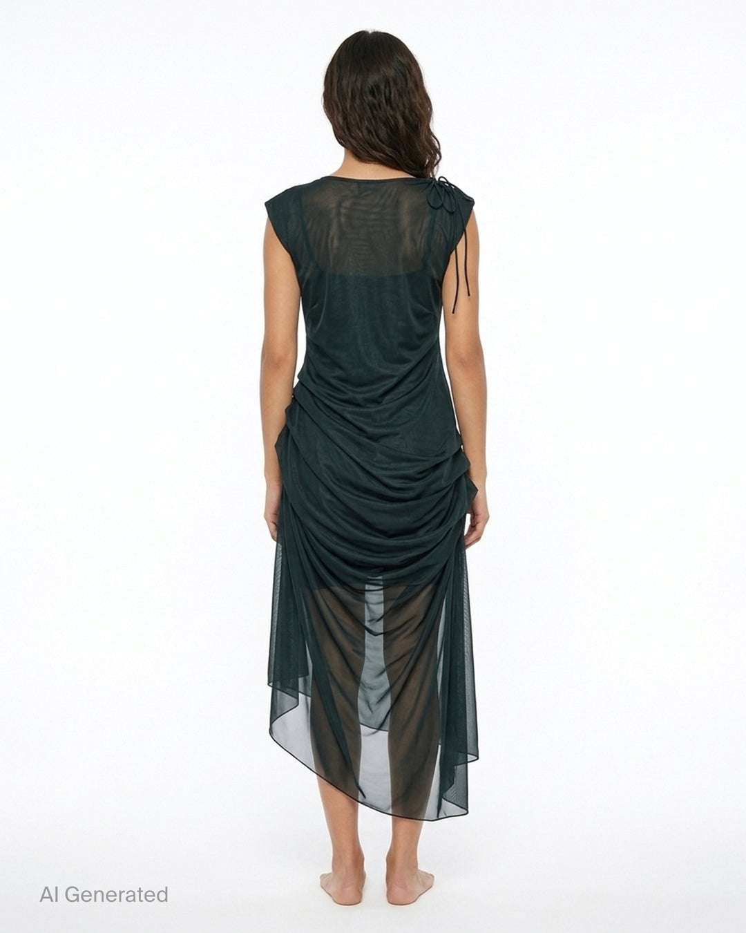 Pauline Dujancourt Najia sleeveless dress in dark green tricot jersey with sheer ruched mesh overlay and asymmetric hem - back