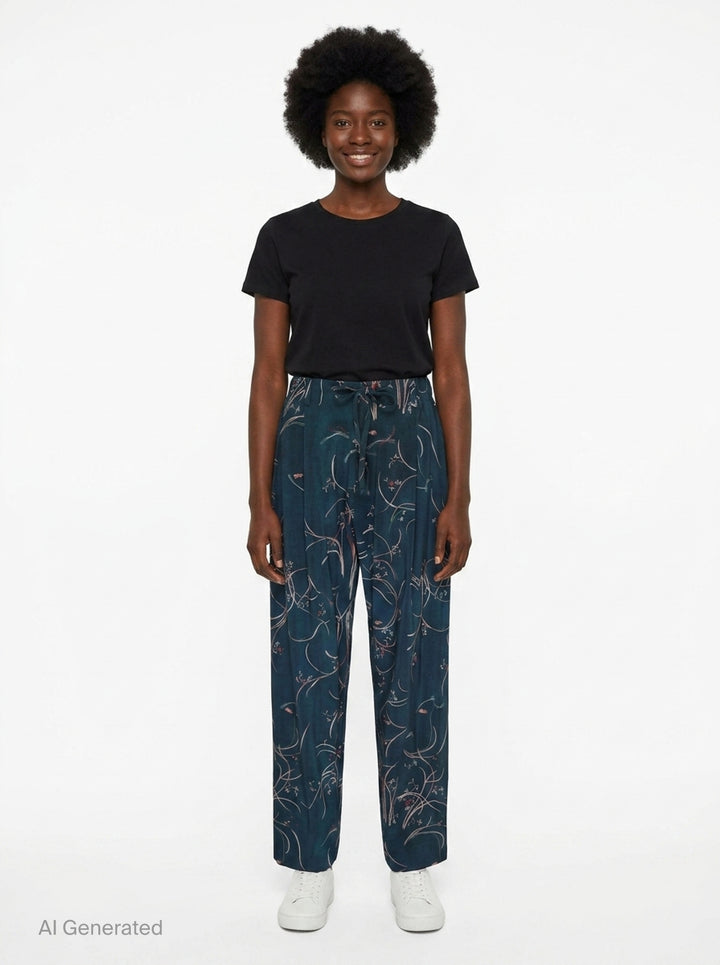 Pierre-Louis Mascia Dylan trousers in deep teal with an all-over swirling botanical print in blush and coral tones, featuring a drawstring waistband and front pleats - front