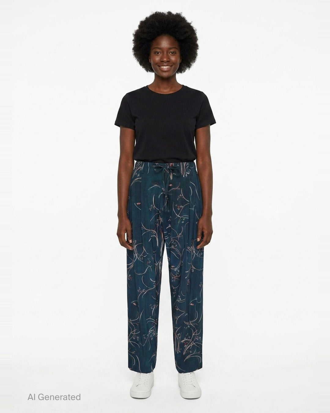 Pierre-Louis Mascia Dylan trousers in deep teal with an all-over swirling botanical print in blush and coral tones, featuring a drawstring waistband and front pleats - front
