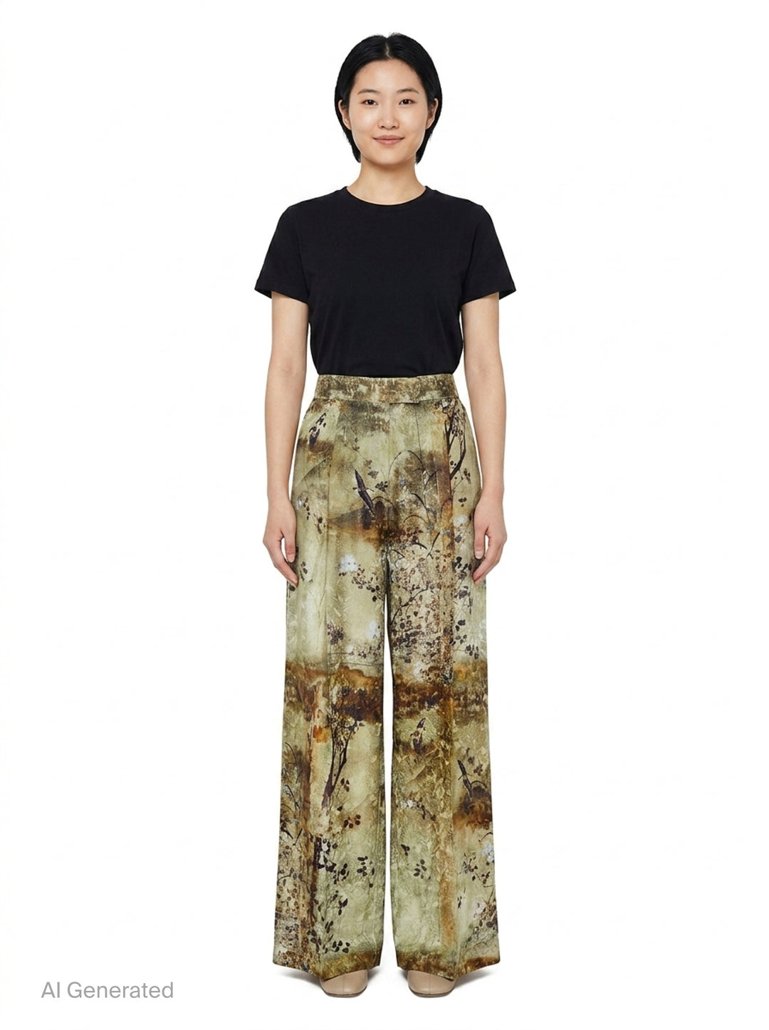 Pierre-Louis Mascia wide-leg trousers in an olive and earth-toned botanical landscape print, featuring a high-rise waistband, front pleats, and a pointed hem - front