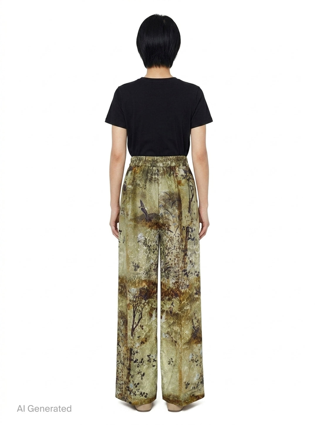 Pierre-Louis Mascia wide-leg trousers in an olive and earth-toned botanical landscape print, featuring a high-rise waistband, front pleats, and a pointed hem - back