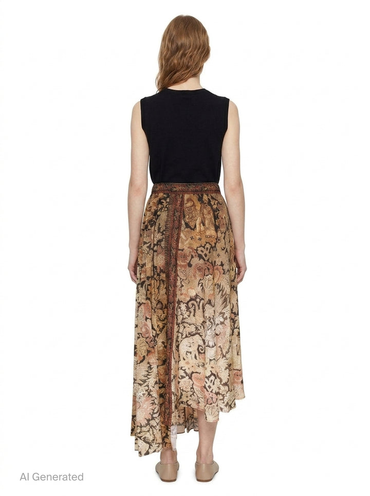 Pierre-Louis Mascia floral tapestry print pleated midi skirt with asymmetric hem in earthy ochre, charcoal, and dusty rose tones - back