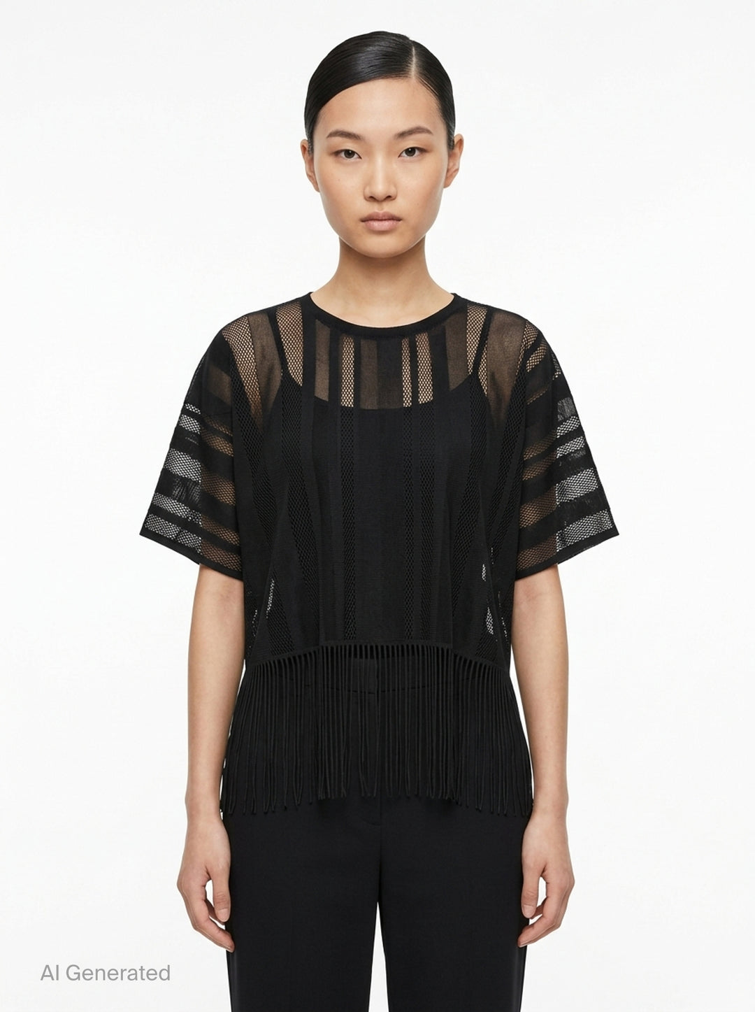 Pleats Please Issey Miyake A-POC LACE black sheer knit top with alternating mesh and solid vertical stripe panels, short sleeves, and long fringe hem detail - front