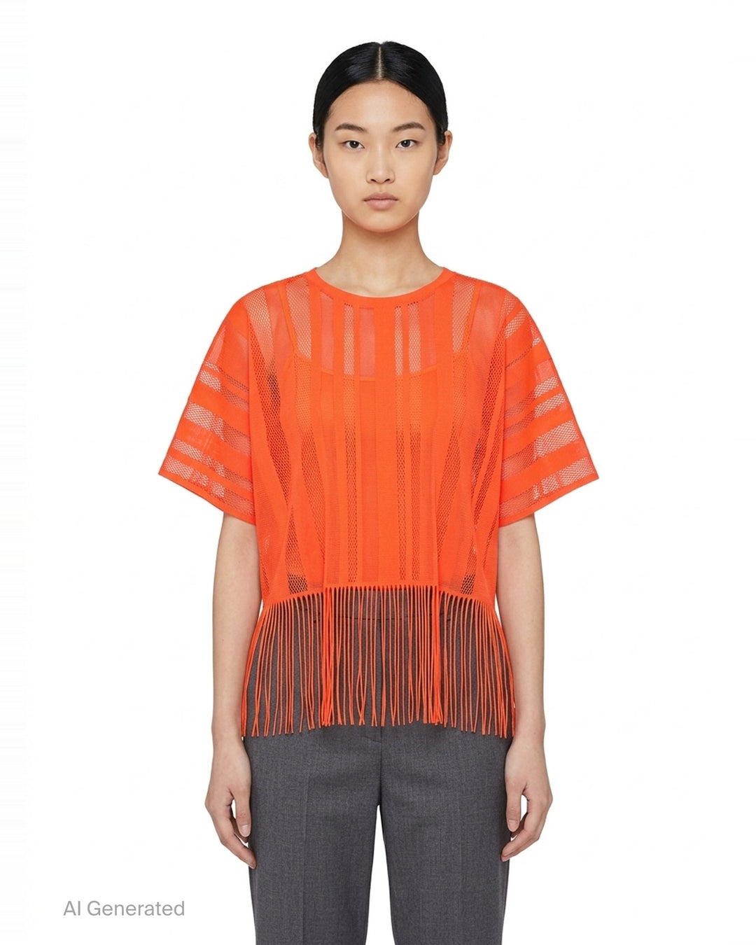 Pleats Please Issey Miyake A-POC LACE black sheer knit top with alternating mesh and solid vertical stripe panels, short sleeves, and long fringe hem detail - front