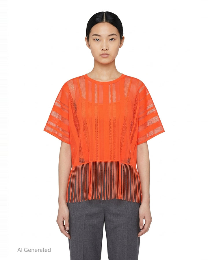 Pleats Please Issey Miyake A-POC LACE black sheer knit top with alternating mesh and solid vertical stripe panels, short sleeves, and long fringe hem detail - front