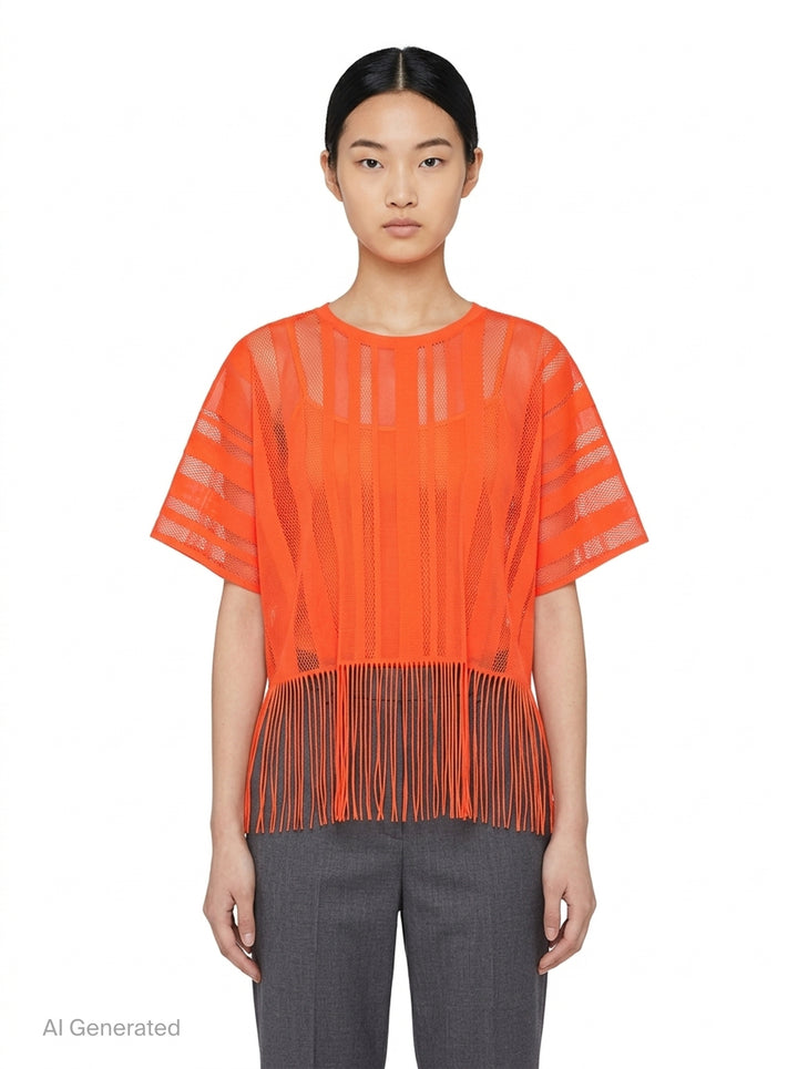 Pleats Please Issey Miyake A-POC LACE black sheer knit top with alternating mesh and solid vertical stripe panels, short sleeves, and long fringe hem detail - front