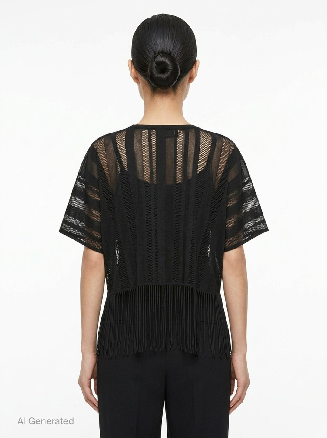 Pleats Please Issey Miyake A-POC LACE black sheer knit top with alternating mesh and solid vertical stripe panels, short sleeves, and long fringe hem detail - back