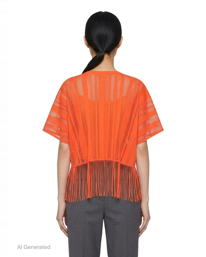 Pleats Please Issey Miyake A-POC LACE black sheer knit top with alternating mesh and solid vertical stripe panels, short sleeves, and long fringe hem detail - back