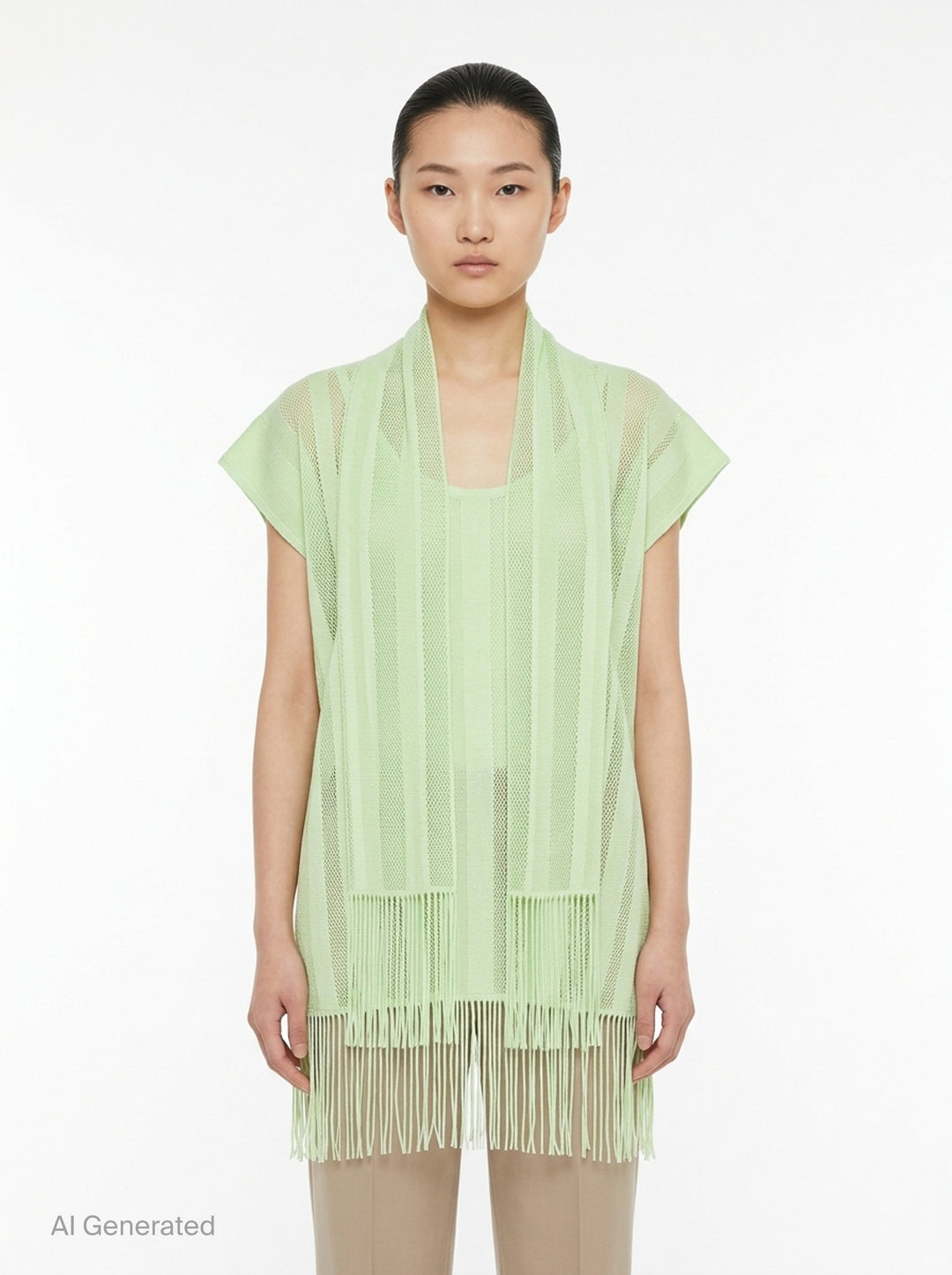 Pleats Please Issey Miyake A-POC LACE black fishnet mesh open-front tunic with draped scarf collar, cap sleeves, and dense knotted fringe hem, displayed flat on white background - front