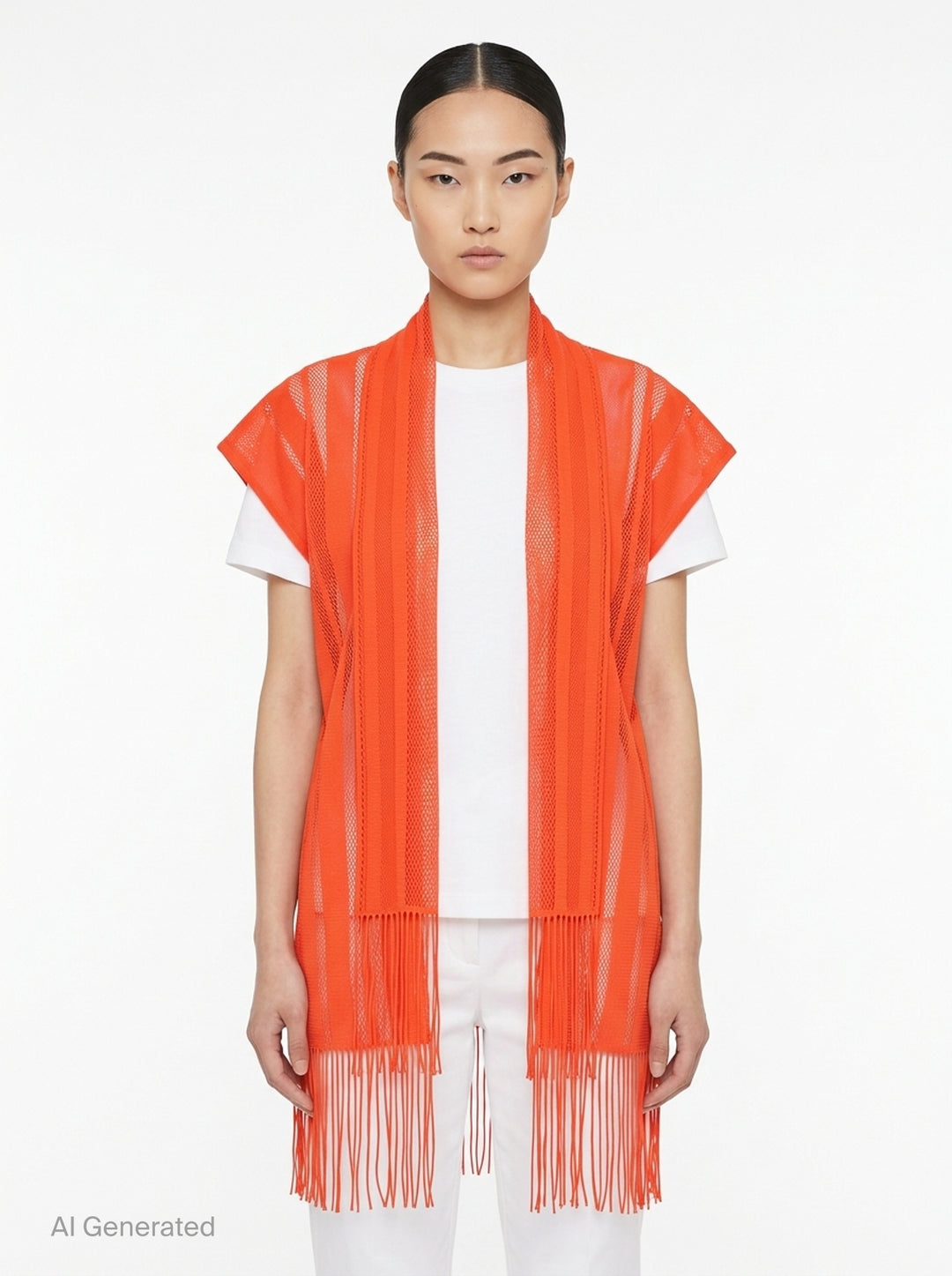 Pleats Please Issey Miyake A-POC LACE black fishnet mesh open-front tunic with draped scarf collar, cap sleeves, and dense knotted fringe hem, displayed flat on white background - front