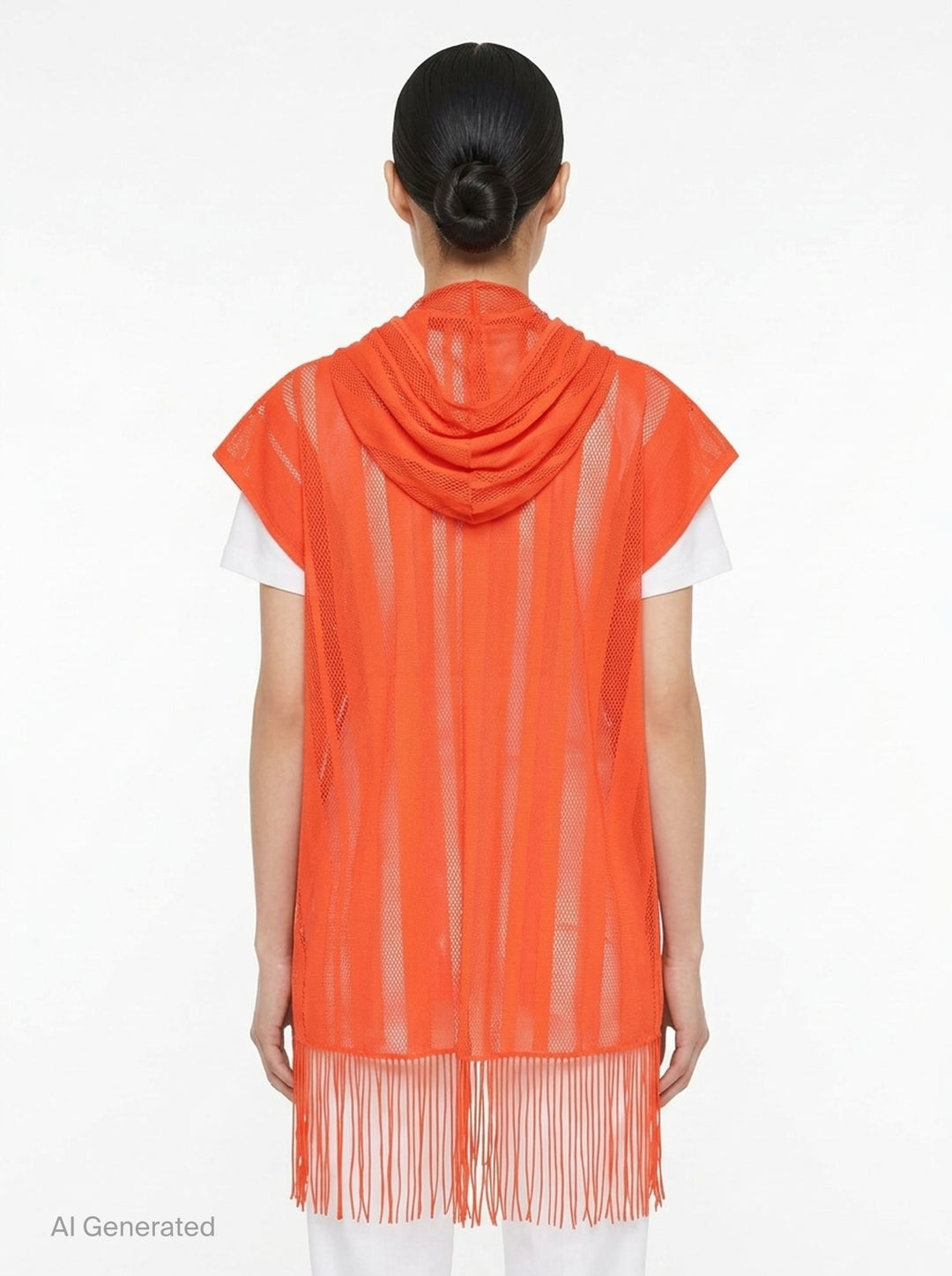 Pleats Please Issey Miyake A-POC LACE black fishnet mesh open-front tunic with draped scarf collar, cap sleeves, and dense knotted fringe hem, displayed flat on white background - back