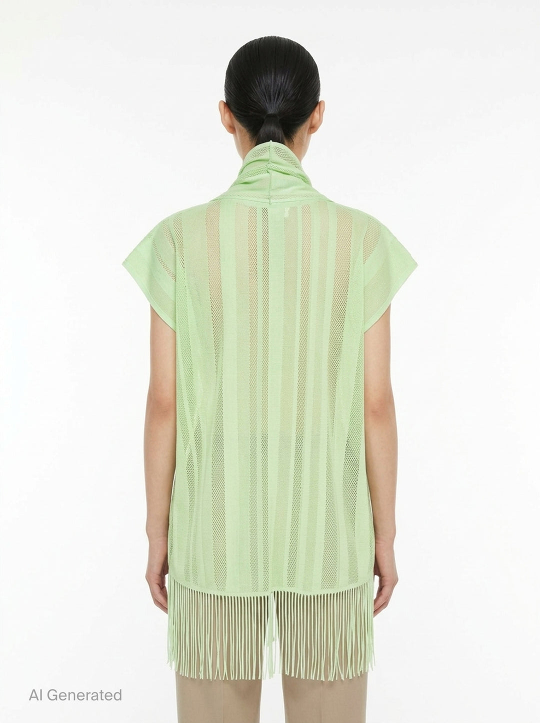 Pleats Please Issey Miyake A-POC LACE black fishnet mesh open-front tunic with draped scarf collar, cap sleeves, and dense knotted fringe hem, displayed flat on white background - back