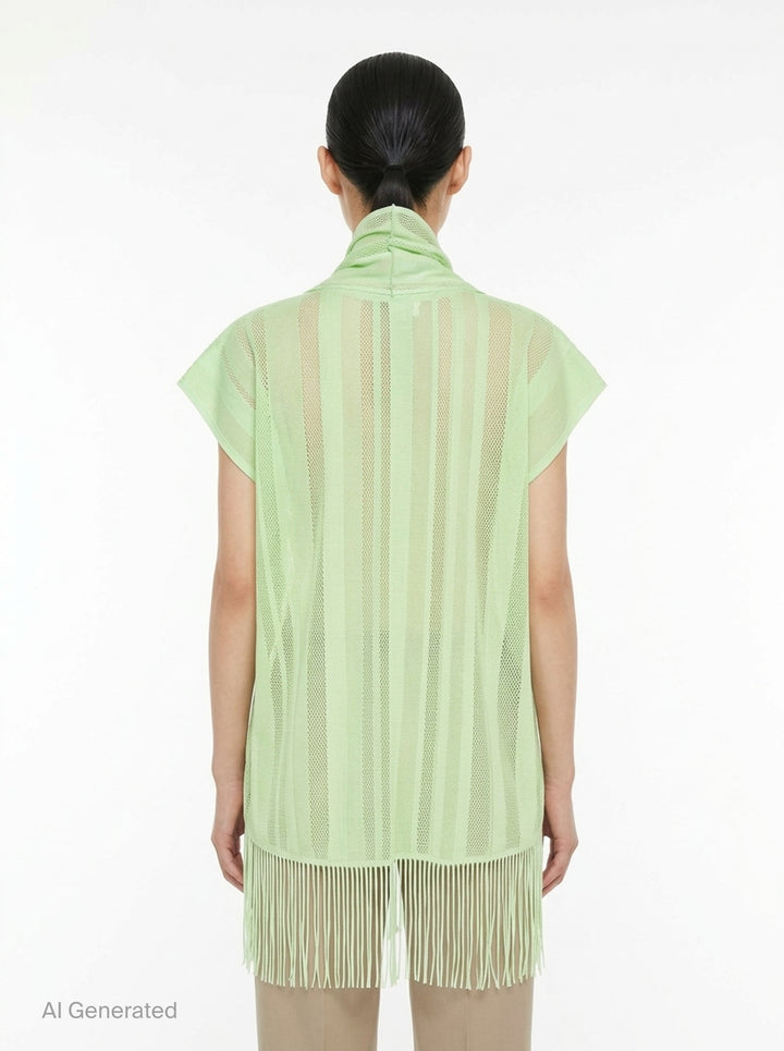 Pleats Please Issey Miyake A-POC LACE black fishnet mesh open-front tunic with draped scarf collar, cap sleeves, and dense knotted fringe hem, displayed flat on white background - back
