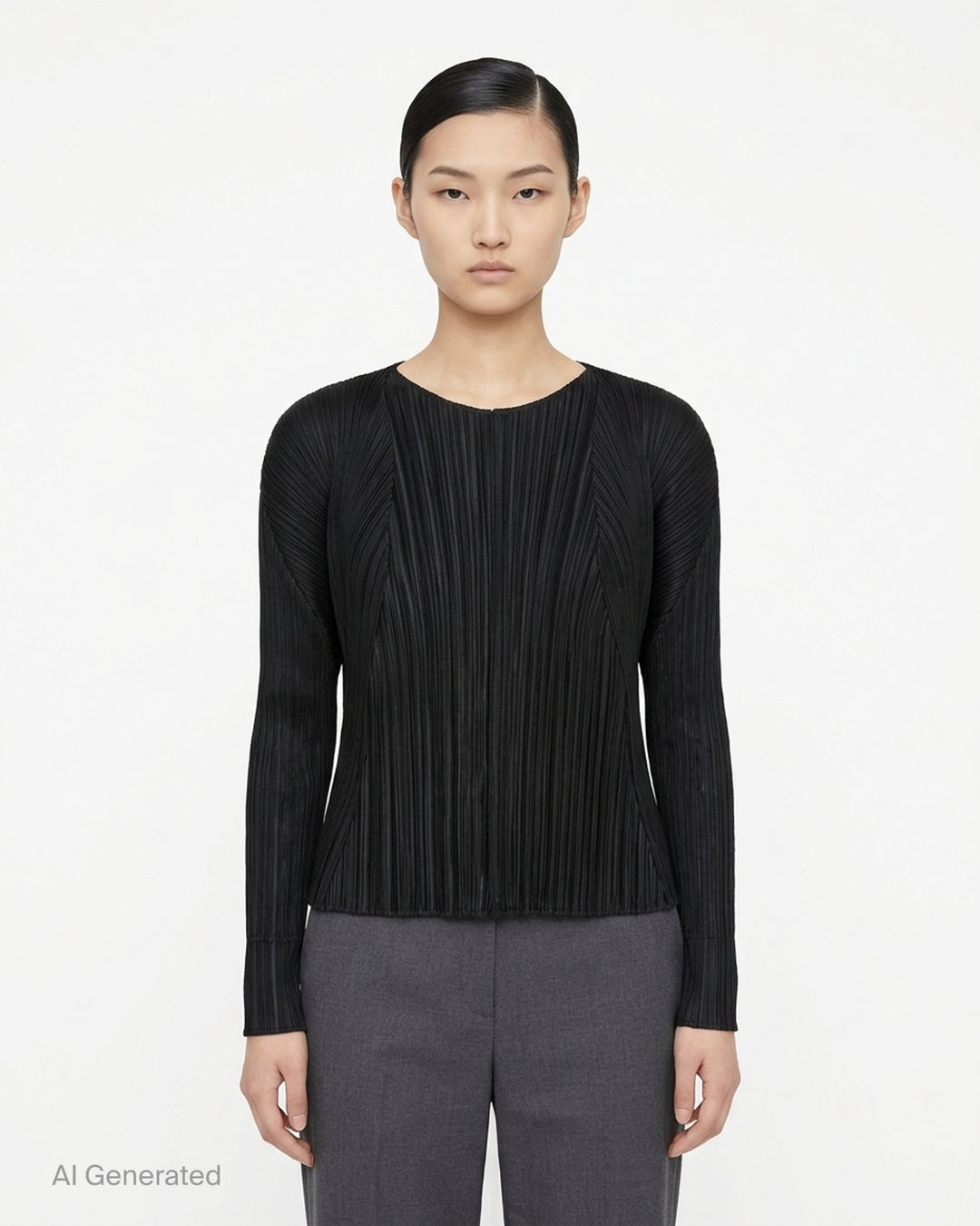 Back view of a grey pleated cardigan by Pleats Please Issey Miyake with fanning pleats and long dolman sleeves - front