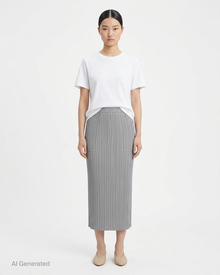 Back view of a black micro-pleated midi skirt by Pleats Please Issey Miyake with an elasticated waistband - front