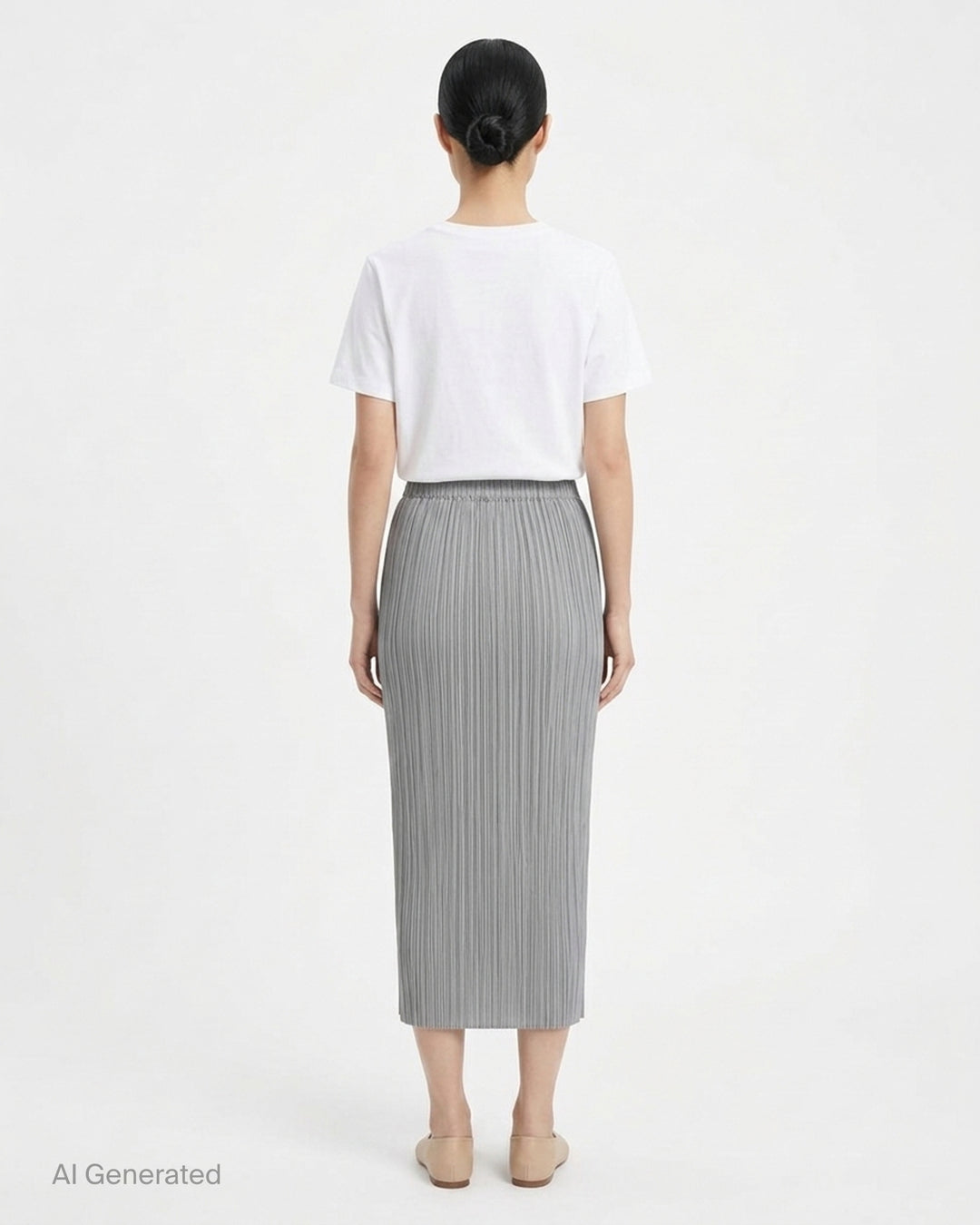 Back view of a black micro-pleated midi skirt by Pleats Please Issey Miyake with an elasticated waistband - back